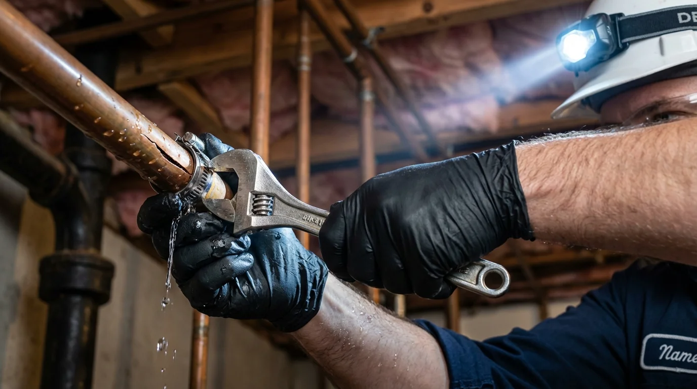 Emergency pipe clamp repair being performed by a Johns Plumbing LLC plumber in Barnsdall