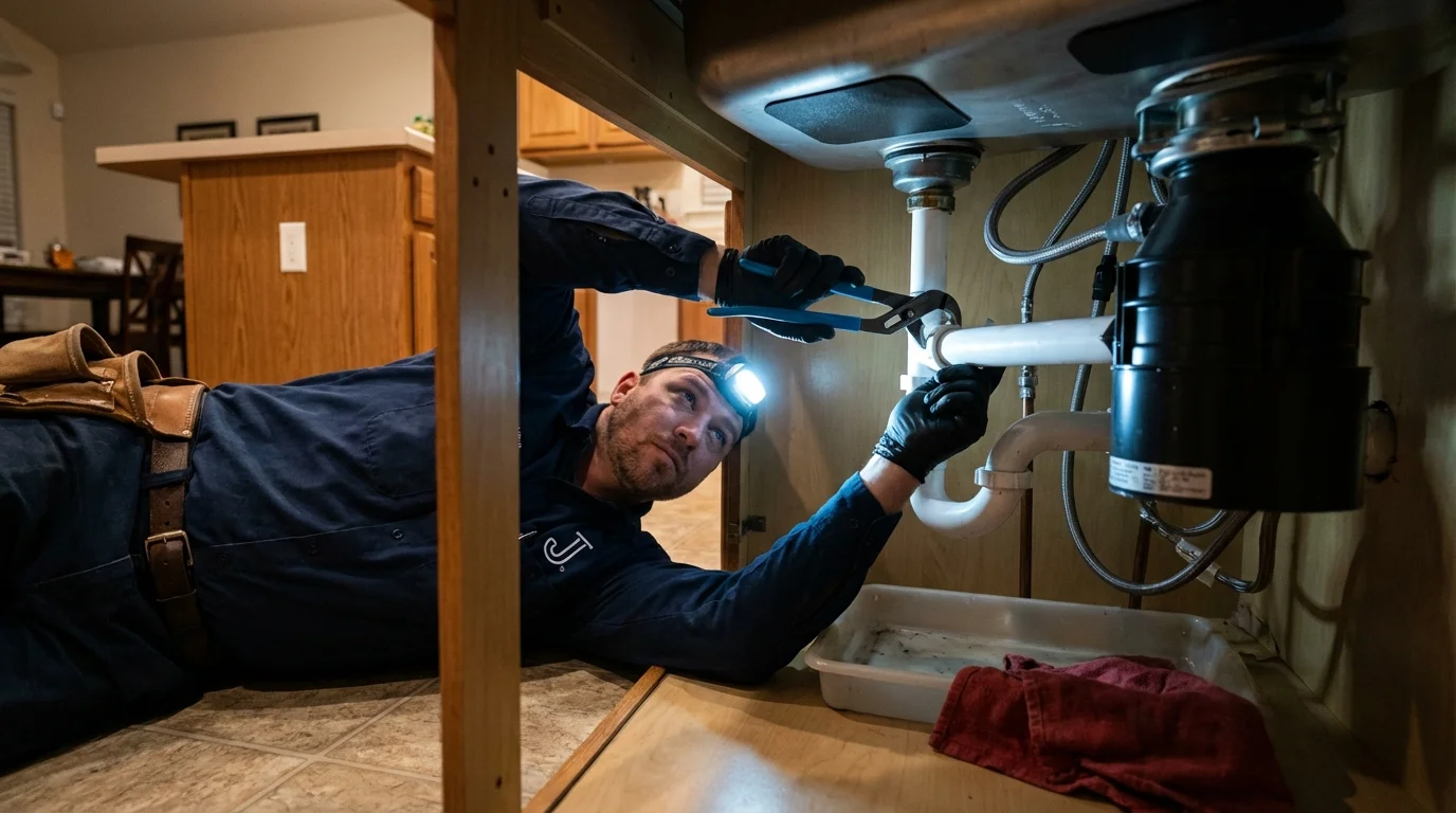 P-trap and supply line connections under a kitchen sink showing a common leak point in Barnsdall, OK